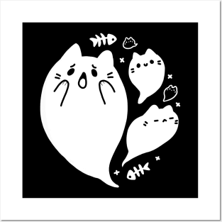 Halloween Ghost Cat Minimal White Posters and Art